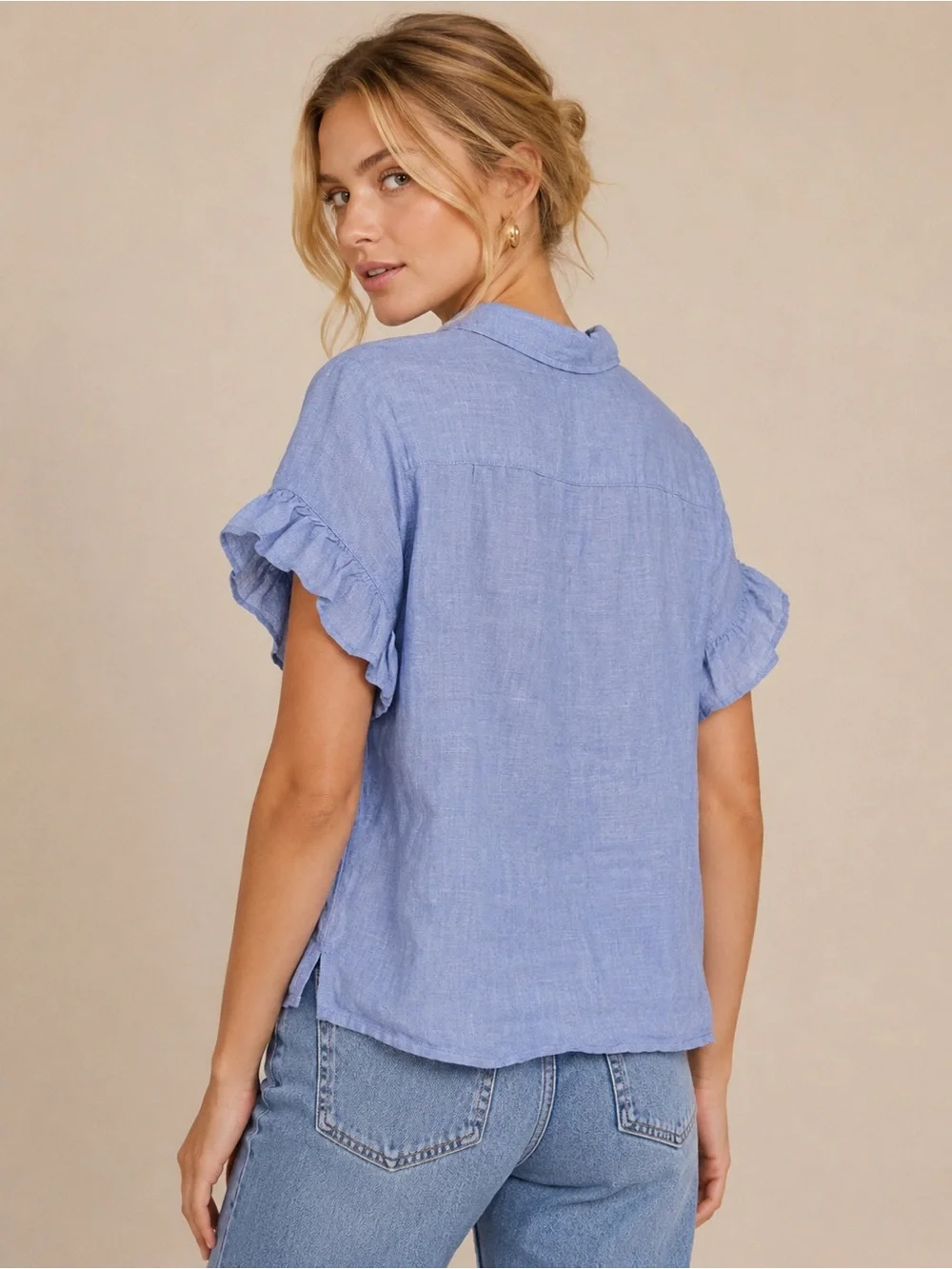 J.Crew Blue 100% Linen Ruffle Short Sleeve Button Front Top Size 0 6021_2